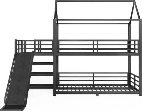 Miniatura 9 de Bellemave Literas de metal de tamaño individual sobre individual con tobogán y escaleras de almacenamiento, litera de piso con barandilla