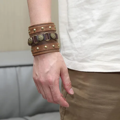 Miniatura 5 de STWTR Pulsera ancha de cuero con cinturón ancho para hombre, estilo punk, rock, moto, Sin gemas.