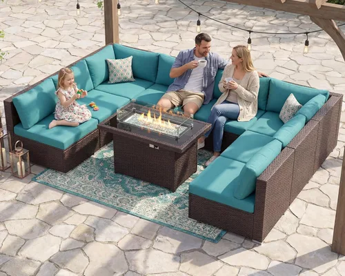 Miniatura 22 de NICESOUL Juego de muebles de patio para exteriores de 7 piezas con mesa para hoguera, gas natural y propano convertible, respaldo alto de 29.3