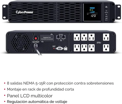 Miniatura 3 de CyberPower CP1500PFCRM2U Sistema UPS Sinewave PFC con respaldo de batería y protector contra sobretensiones, 1500VA/1000W, 8 tomas de corriente