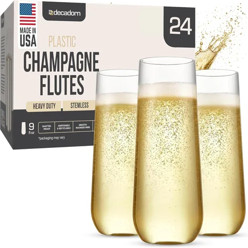DECADORN Copas de champán transparentes sin tallo de plástico, 24 unidades, copas de champán de plástico de 9 onzas, vasos de mimosa duraderos y
