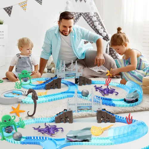 Miniatura 6 de VATOS - Juguetes de pista 183 piezas, autos de carreras de tiburón para niños y niñas de 3, 4, 5, 6, 7, 9 años, autos de pista flexibles y maleables