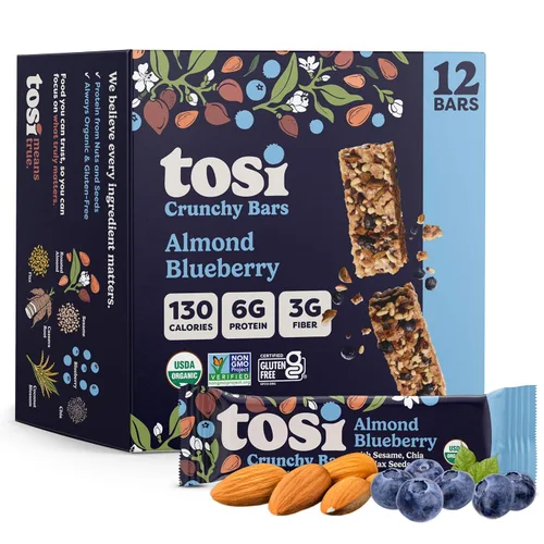 Tosi Barras de nueces, almendra y arándano, aperitivos saludables para adultos y niños, barras crujientes a base de plantas (6 G de proteína),
