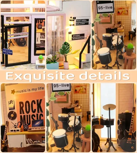 Miniatura 3 de Spilay Kit de casa de muñecas en miniatura con muebles de madera, kit de casa de muñecas de bricolaje con prueba de polvo y movimiento musical