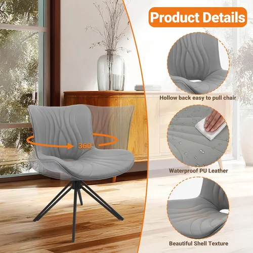 Miniatura 4 de Juego de 4 sillas de comedor, 360° giratorias, tapizadas, modernas de mediados de siglo, para cocina y comedor, sin brazos, de piel sintética, Gris