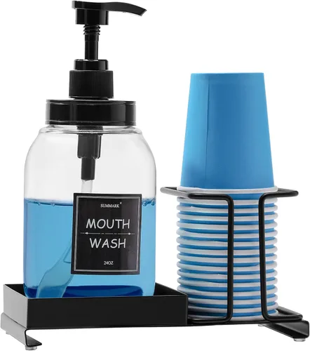 Dispensador de enjuague bucal Summark para baño, botella de bomba de enjuague bucal con portavasos de acero inoxidable, recipiente de enjuague bucal