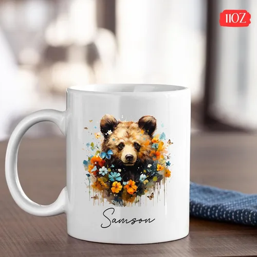 Miniatura 4 de Taza de café de oso – Regalo personalizado para amantes, taza de té de animales salvajes con flores, regalo de cerámica personalizado para amantes