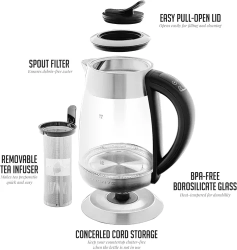 Miniatura 7 de OVENTE Hervidor Eléctrico de Vidrio 1.8 Litros sin BPA - 1500W con Infusor de Acero Inoxidable, Control de Temperatura Ajustable, Apagado KG661S