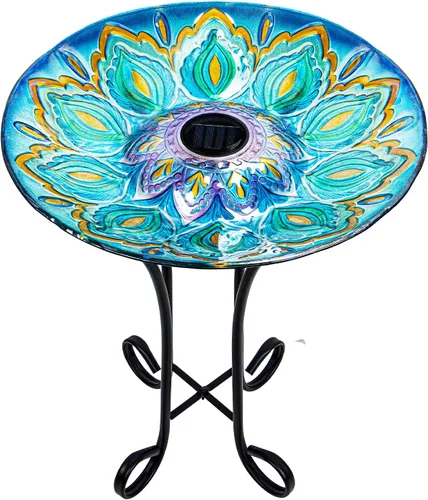 Baño de pájaros de vidrio al aire libre con soporte de metal para decoración de césped, jardín y patio, solar, grande, baño de pájaros pavo real