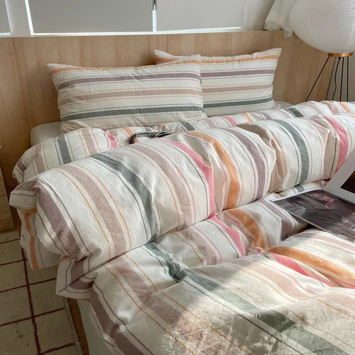Miniatura 38 de HighBuy Juego de funda de edredón vintage con volantes y estampado de rayas francesas, 100% algodón con cierre de cremallera, juego de ropa de cama