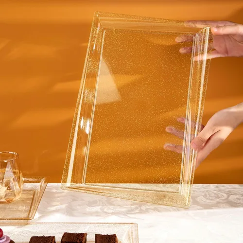Miniatura 7 de I00000 Paquete de 6 bandejas de servir de plástico con purpurina dorada, 15" x 10" bandejas de comida onduladas, bandejas de servir desechables