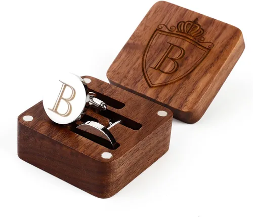 Gemelos de acero con inicial de la A a la Z para hombre, con letras del alfabeto con caja de madera de nogal grabada, juego de regalo de boda para