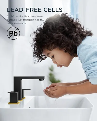 Miniatura 2 de FORIOUS Grifo de baño negro y dorado de 8 pulgadas de extensión amplia cuadrado, 2 manijas, grifos negros mate de 6 pulgadas para lavabo de baño, 3