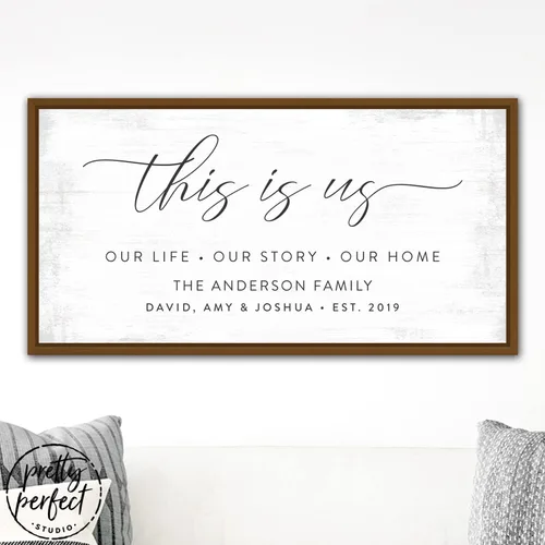 Miniatura 8 de Pretty Perfect Studio Letrero personalizado con texto en inglés "This Is Us", arte de pared personalizado con nombres de familia sobre lienzo de 6 x