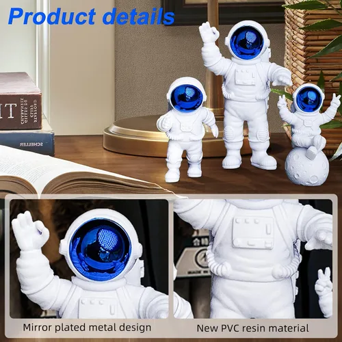 Miniatura 5 de Juego de 4 piezas de decoración de estatua de astronauta, adorno de figura de astronauta de poliresina azul, 3 piezas de espejo y 1 llavero