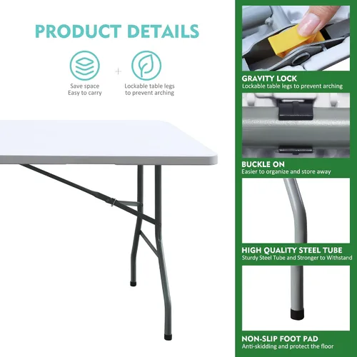 Miniatura 5 de Mesa plegable, mesa plegable de plástico de 6 pies, mesa de utilidad portátil para interiores y exteriores con asa para fiestas, camping y picnic
