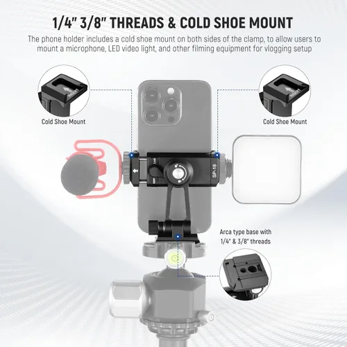 Miniatura 2 de Adaptador de montaje de trípode para teléfono Neewer con base tipo Arca QR, zapata fría, agujeros de 1/4" y 3/8", giro de 360° y inclinación