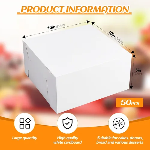 Miniatura 2 de Ireer 50 unidades de cajas de pastel blancas de 10 x 10 x 5 pulgadas, cajas de cartón para panadería para pasteles, galletas y postres