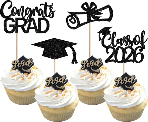 Miniatura 38 de Rsstarxi Paquete de 24 adornos para cupcakes de graduación 2026, con purpurina azul, para la clase de 2026, para diplomas, 24 piezas (6 diseños)