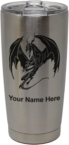 Miniatura 30 de LaserGram Vaso aislado al vacío de 20 onzas, dragón, grabado personalizado incluido (negro)