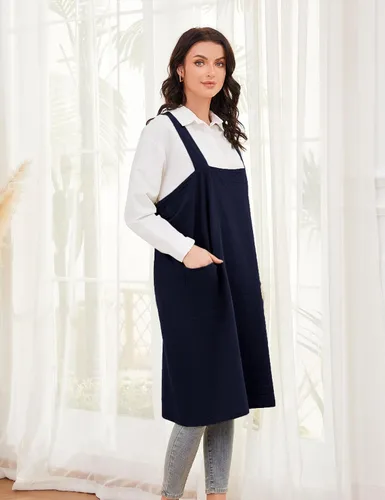 Miniatura 4 de Schine Pinafore de algodón con espalda cruzada para mujer, con bolsillos grandes, prácticos delantales para trabajos de jardinería, cocina, marino