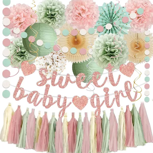 Miniatura 9 de Conjunto de decoraciones para baby shower de otoño en tonos champán-dorado y beige - Dulce cartel de Baby Girl, linternas de papel blanco