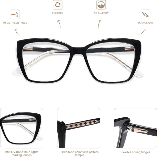 Miniatura 5 de AMOMOMA Trendy TR90 Gafas de Lectura Grandes con Filtro de Luz Azul para Mujeres, Elegantes Gafas Cuadradas Tipo Ojo de Gato AM6031 0c1.negro