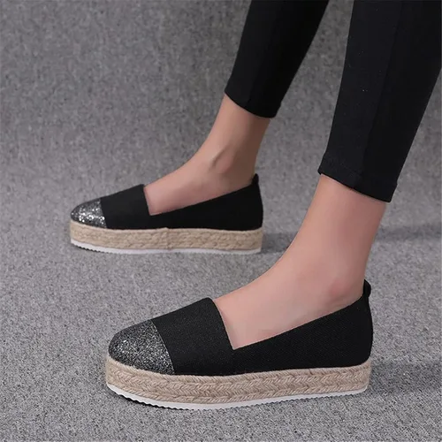 Miniatura 3 de Hbeylia Alpargatas de plataforma para mujer, transpirables, de algodón y lino, con purpurina, con lentejuelas, puntera cerrada, zapatos de tacón