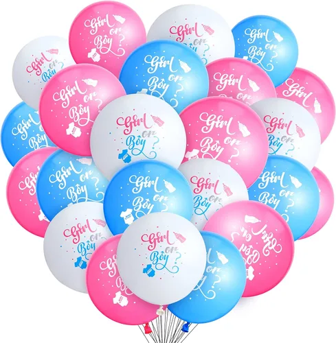 60 globos de revelación de género para niñas o niños, globos de látex para fiesta de revelación en blanco, rosa y azul, suministros para decoración