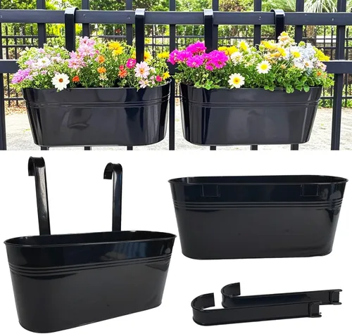 Macetas colgantes para plantas al aire libre, macetas de barandilla de 17 pulgadas, maceta de valla de metal para porche, balcón con gancho Negro