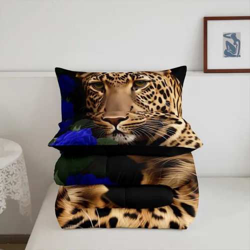 Miniatura 5 de Erosebridal Juego de ropa de cama de guepardo con rosa azul, juego de edredón con estampado de leopardo y gato, edredón romántico de plumón