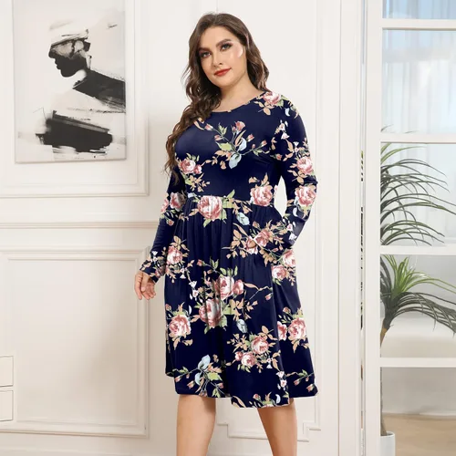 Miniatura 4 de POSESHE Vestidos de talla grande para mujer, manga larga, cuello redondo, vestidos casuales de cintura imperio, vestido suelto con bolsillos