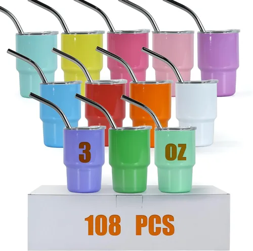 3 oz Mini Tumbler Shot Glass with Straw and Lid 108 Pcs Sublimation Shot Glasses Tumblers Stainless Steel Mini Shot Glasses with Lids for Wedding