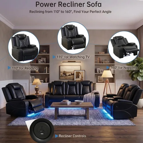 Miniatura 3 de Juego de sofá reclinable eléctrico de cuero de 3 piezas para sala de estar con puertos USB, iluminación ambiental LED y consola de almacenamiento