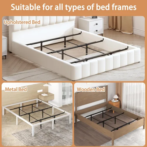 Miniatura 5 de Sistema de soporte de marco de cama, 3 rieles cruzados y 6 patas ajustables, vigas de soporte central fuertes universales para cama matrimonial