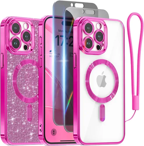Miniatura 21 de Meifigno Candy Mag Series - Funda diseñada para iPhone 15 Pro, compatible con MagSafe, tarjeta con purpurina y correa de muñeca, protección completa