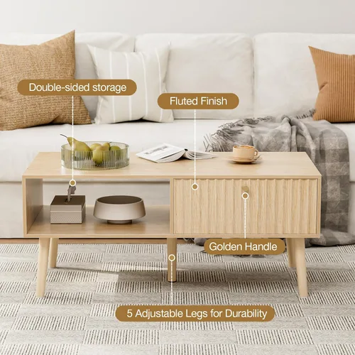 Miniatura 3 de LCRBOL Mesa de café con almacenamiento, Mesa de comedor bohemia con cajón acanalado y patas de madera maciza, Mesas de café pequeñas para sala