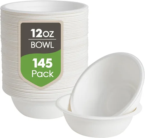 ECOLipak Cuencos de papel de 12 onzas, [paquete de 150] cuencos de papel compostables a granel, cuencos de sopa desechables resistentes para