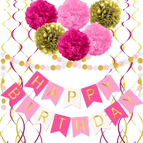 Decoraciones de cumpleaños de color rosa intenso y dorado, pancarta de feliz cumpleaños con pompones, guirnalda circular de papel, serpentinas para