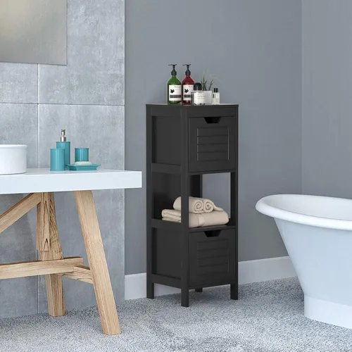 Miniatura 2 de Tangkula Armario de suelo de baño, torre de almacenamiento de madera estrecha con 2 cajones conmutables, almacenamiento lateral multifuncional