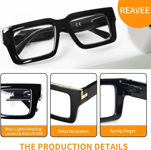 Miniatura 4 de REAVEE - Paquete de 3 gafas de lectura estilo Oprah para mujeres y hombres, con bloqueo de luz azul, elegantes, cuadradas con bisagra de resorte