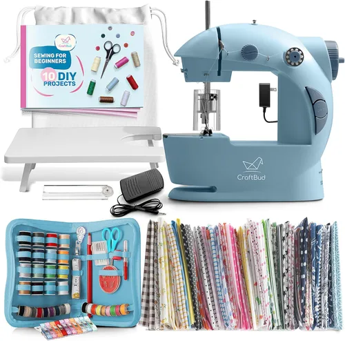 Miniatura 10 de CraftBud Mini máquina de coser para principiantes, máquina de coser portátil de doble velocidad para niños y adultos con mesa de extensión, juego