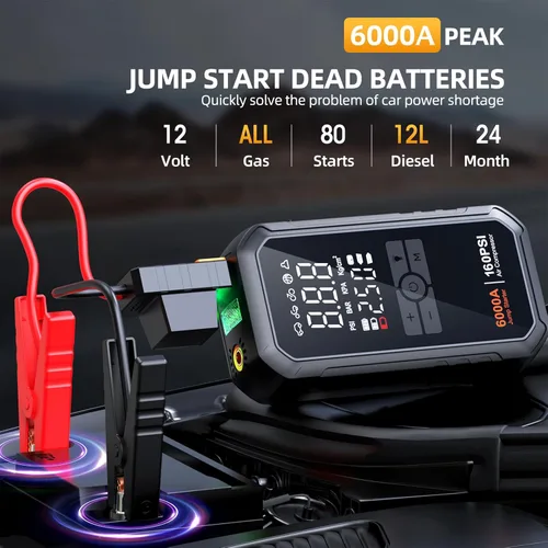 Miniatura 2 de Iniciador de 10 en 1 con compresor de aire 6000A 26800mAh 160PSI Iniciador de batería de coche portátil (todo gas/12L diésel), caja de arranque