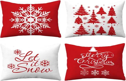 Miniatura 30 de Juego de 4 fundas de almohada de Navidad de 12 x 12 pulgadas, fundas de almohada de terciopelo de Navidad, fundas de almohada doradas y rojas