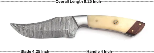 Miniatura 2 de Cuchillo de caza de Damasco hecho a mano de 8.25 pulgadas - Cuchillos de hoja fija con mango de hueso y funda de cuero - Cuchillo personalizado