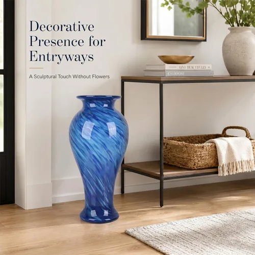 Miniatura 3 de Jarrón de vidrio azul de 20 pulgadas de alto soplado a mano para decoración del hogar, bonito y moderno jarrones de flores azul oscuro, jarrones
