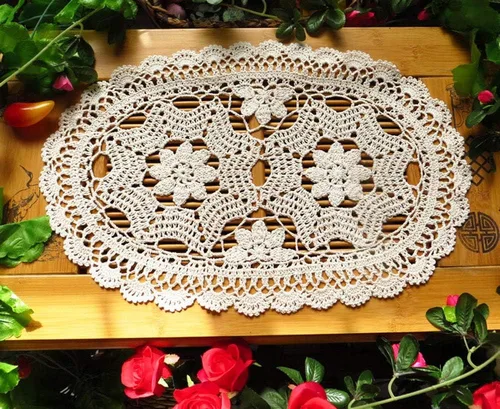 Laivigo Manteles individuales ovalados hechos a mano con encaje de ganchillo, 12 x 20 pulgadas, beige