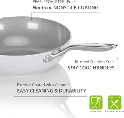 Miniatura 6 de TECHEF - Wok/sartén antiadherente de cerámica CeraTerra de 12 pulgadas con tapa de vidrio, exterior e interior de cerámica libre de PTFE y PFOA