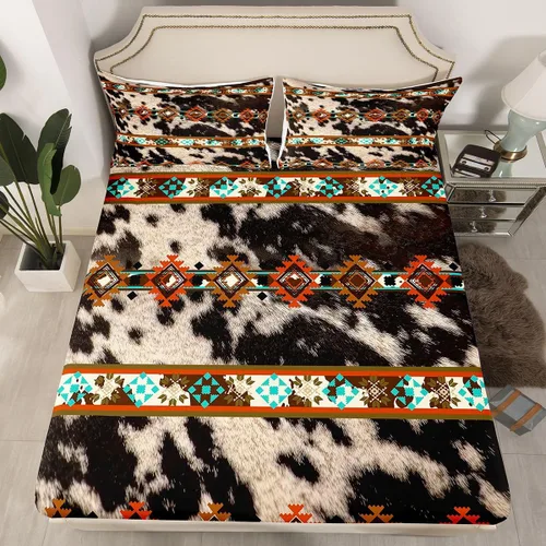Miniatura 65 de Juego de ropa de cama de estilo bohemio occidental, tamaño individual, diseño de vaca atrapasueños, sábana bajera ajustable del suroeste, tribu