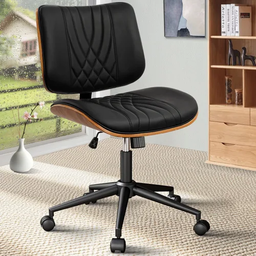 CLATINA Silla de oficina en casa sin brazos, silla de escritorio con ruedas, silla de lectura de altura ajustable, respaldo medio de cuero y silla